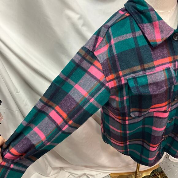 Avec Les Filles Womens 1X Plaid Shacket Green Pink Bright Fall Cozy Soft - Picture 5 of 16